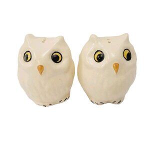 Vtg Pair White Hand Painted Owl Salt and Pepper Shakers
